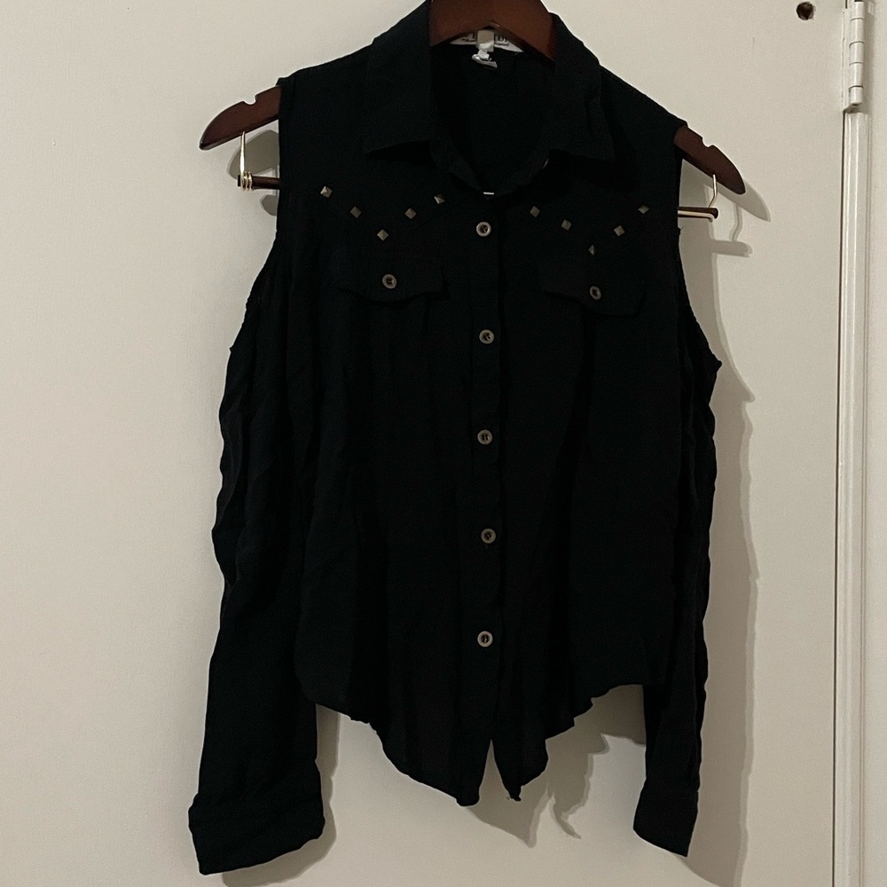 Elegant Black Cold Shoulder Button Down Shirt Size S